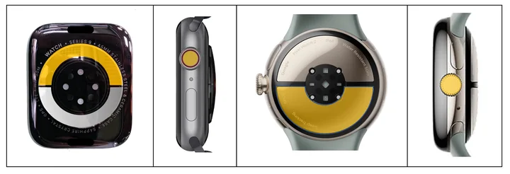 Smartwatches that take an ECG already have metal contacts (yellow) on the back and crown. WatchLink reuses them as a data port.