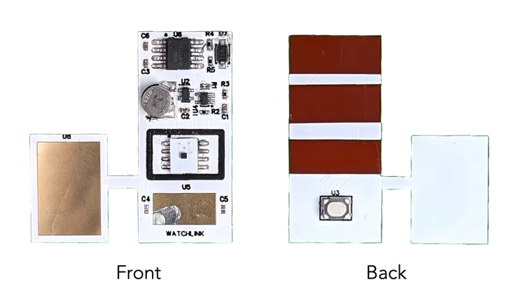 A body-temperature sensor on a thin, flexible circuit board (front and back).