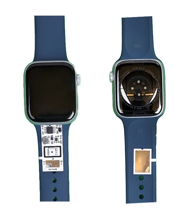 The temperature sensor stuck to the inside of an Apple Watch strap.