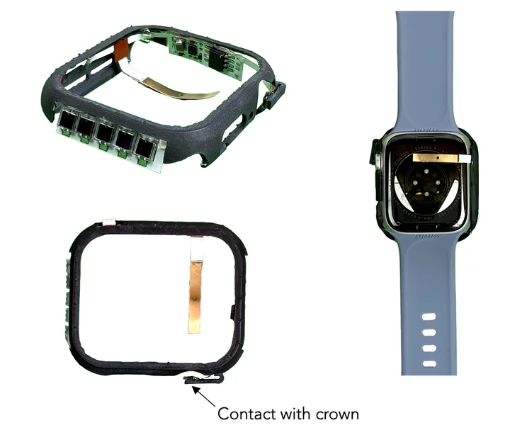 A UV-light sensor built into a 3D-printed watch case. It stays in contact with the crown, so it can stream readings continuously.