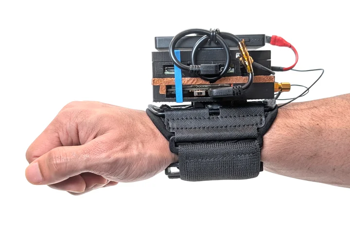 An early wrist-worn prototype we used to find which radio frequencies best reveal a touch.